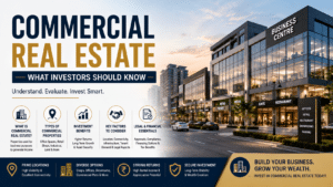 Commercial real estate property with shops, offices and modern commercial spaces