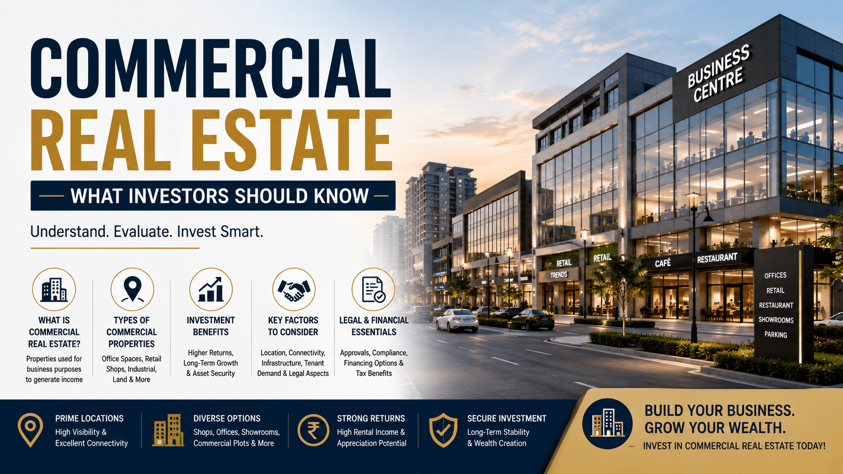 Commercial real estate property with shops, offices and modern commercial spaces
